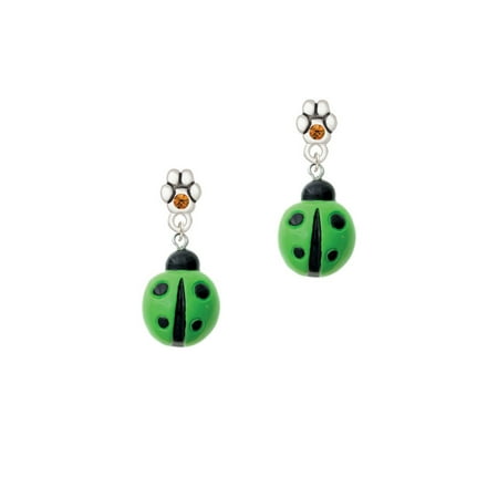 Ladybug Resin Earrings - Resin Lime Green Ladybug Love Bug - Yellow Crystal Paw Earrings