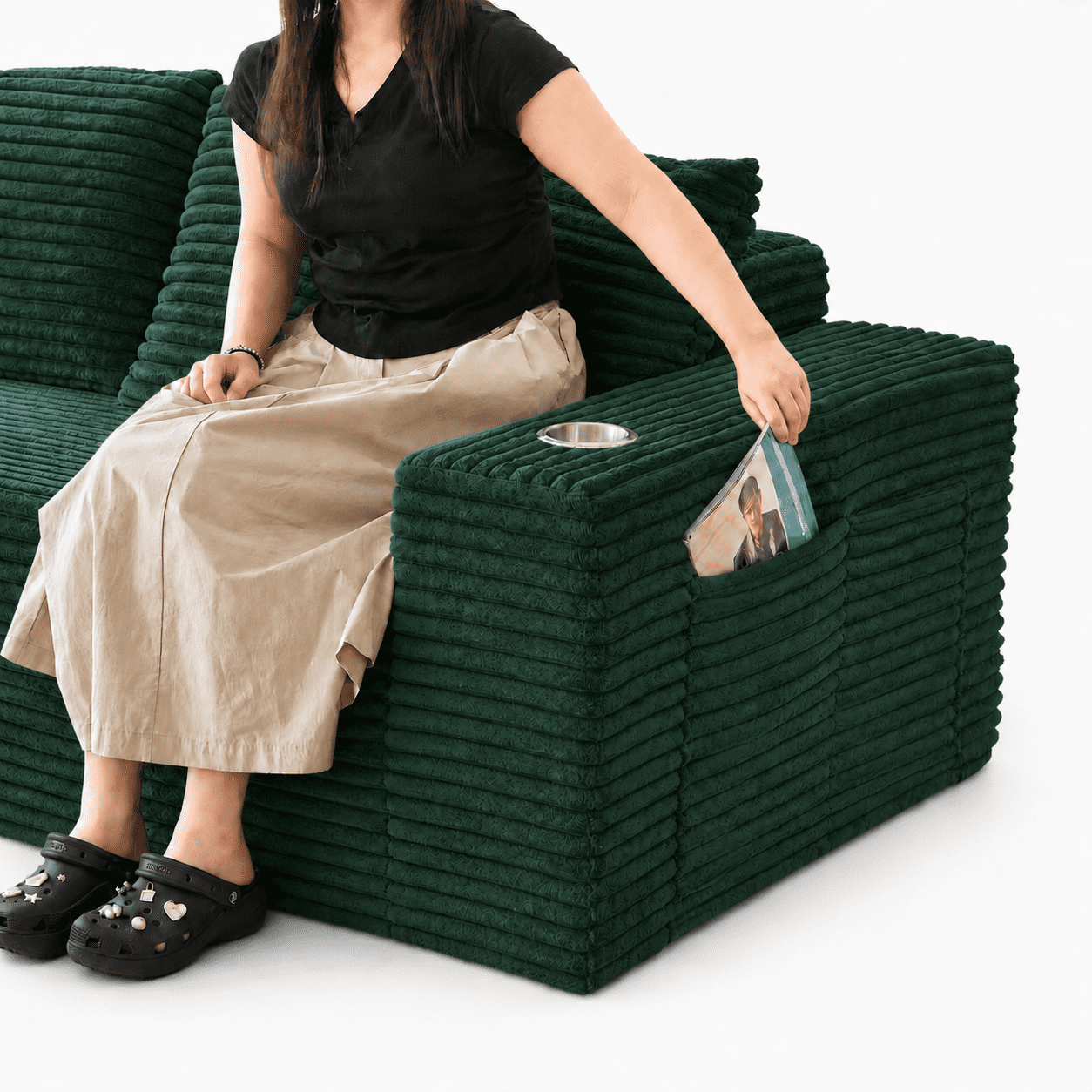 GARITIN Frameless Teddy Couch Bed 77 Inch, Boneless Corduroy Convertible Sofa with Cup Holders and Side Storage for Living Room, Green