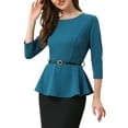 thumbnail image 4 of INSPIRE CHIC Peplum Tops for Women's 3/4 Sleeve Teacher Belted Elegant Business Work Blouse L Lake Blue, 4 of 6