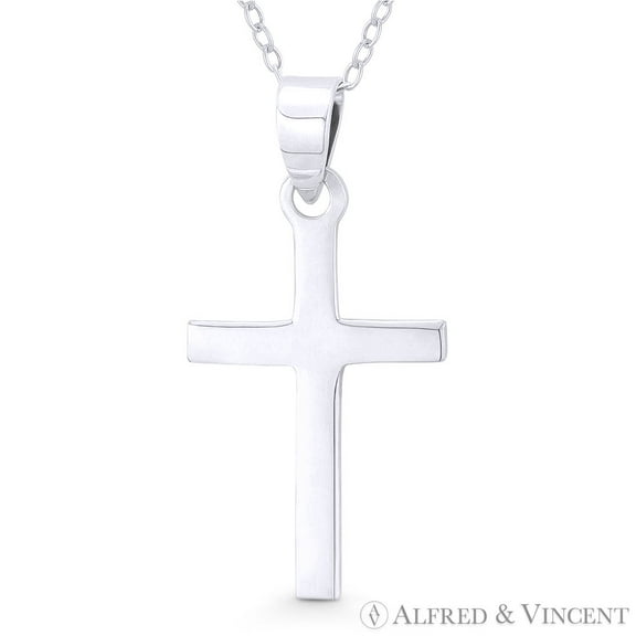 Flat Latin Crucifix Christian Cross Pendant w/ Chain Necklace in .925 Sterling Silver