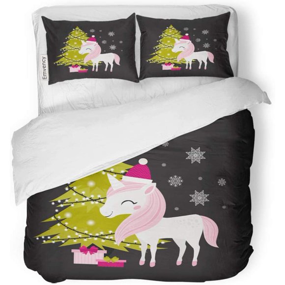 RYLABLUE 3 Piece Bedding Set Pink Merry Christmas Cute Holiday Unicorn Tree and Boxes Magic Cartoon Twin Size Duvet Cover with 2 Pillowcase for Home Bedding Room Decoration