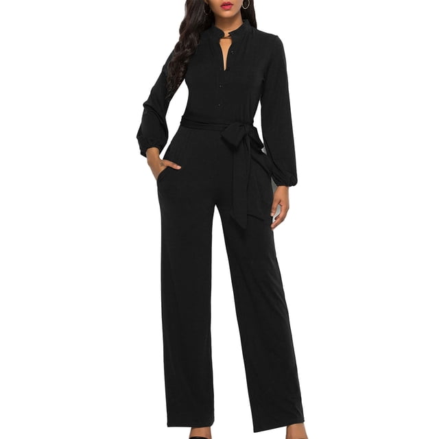 Mono de manga ancha con pierna ancha, informal, de talle alto, atado, con un solo pecho, cuello redondo y bolsillos, mono formal para mujer, negro S
