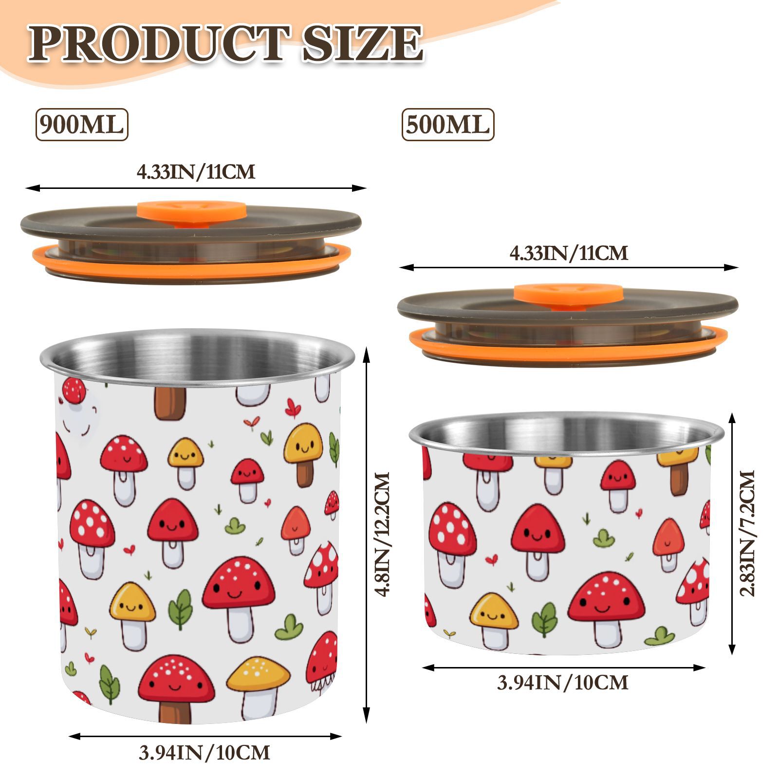Cute Mushrooms Airtight Coffee Bean Canister 30oz Food Storage Containers with Lids For Gournd, Tea, Sugar, Flour, Rice, Cereal, Candy Cookie Jar