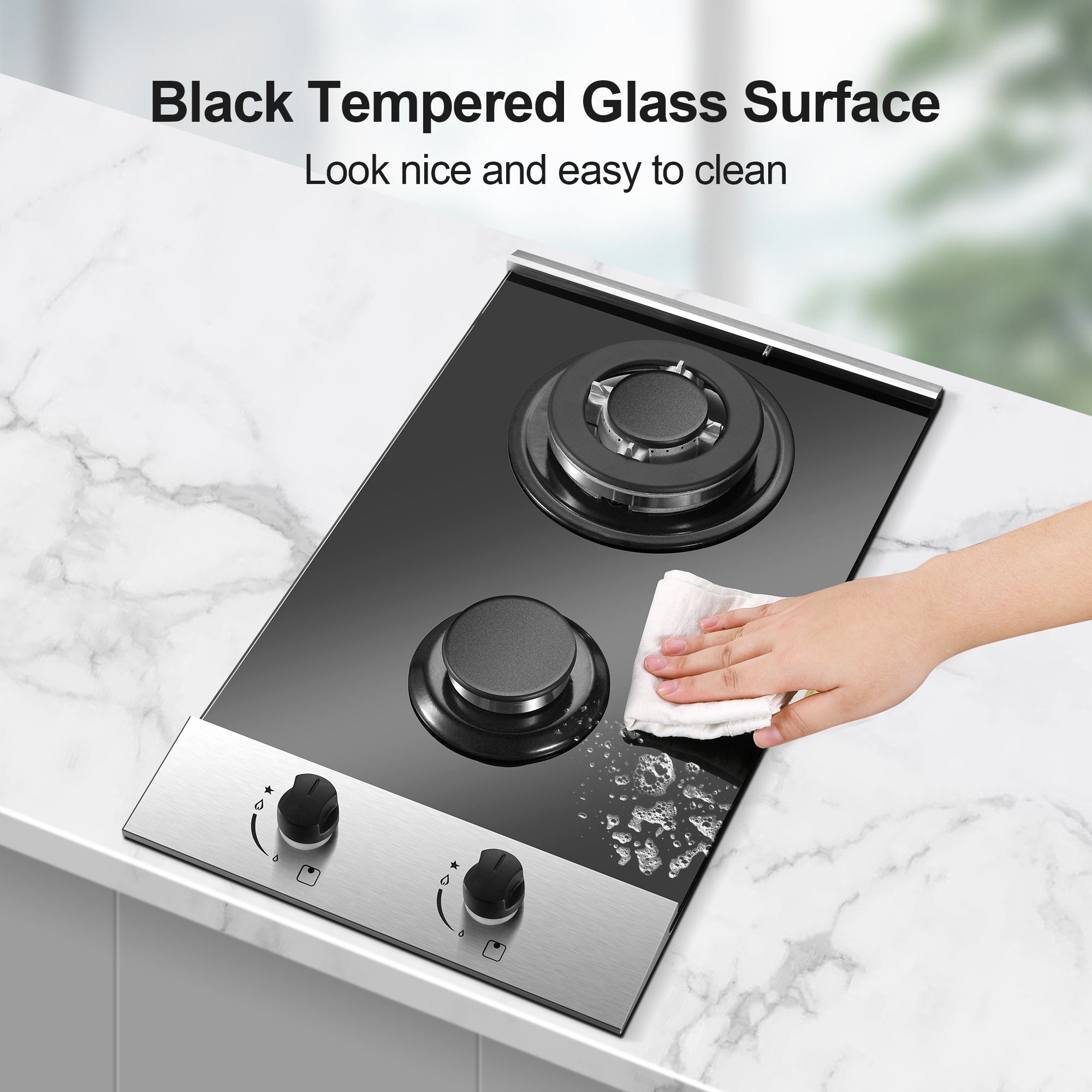 Amzgachfktch 2 Burners Gas Cooktop Stove Oven 12 inch Stainless Steel NG/LPG Convertible Easy Clean