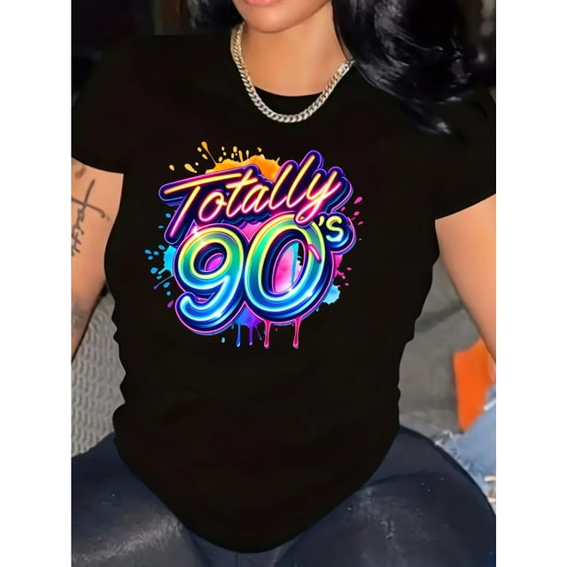 Retro '90s Neon Graphic Tee for Women - Vibrant Splash Design, Short Sleeve Crew Neck, Casual Cotton Top, Machine Washable, Perfect for Summer & Spring