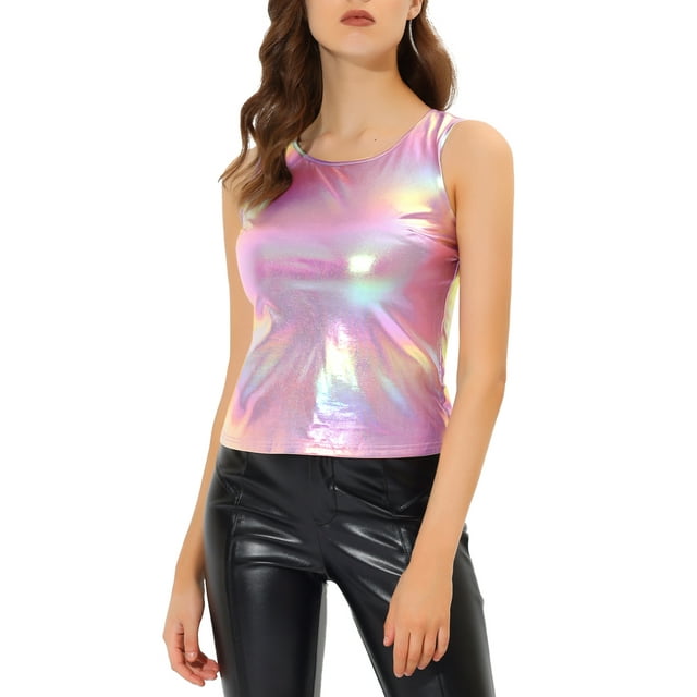 INSPIRE CHIC Women's Metallic Tank Top Halloween Club Party Shiny Sparkly Holographic Cami Top L Multicolor Pink