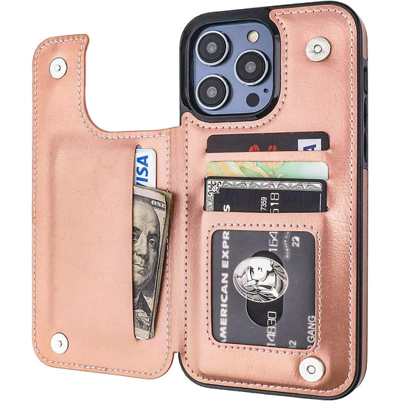 Compatible with iPhone 14 Pro Max Wallet Case with Card Holder, PU Leather Kickstand Card Slots Case, Double Magnetic Clasp and Durable Shockproof Cover 6.7 Inch (Rose Gold)