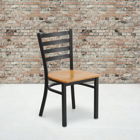 BizChair 2 Pack Black Ladder Back Metal Restaurant Chair - Natural Wood Seat