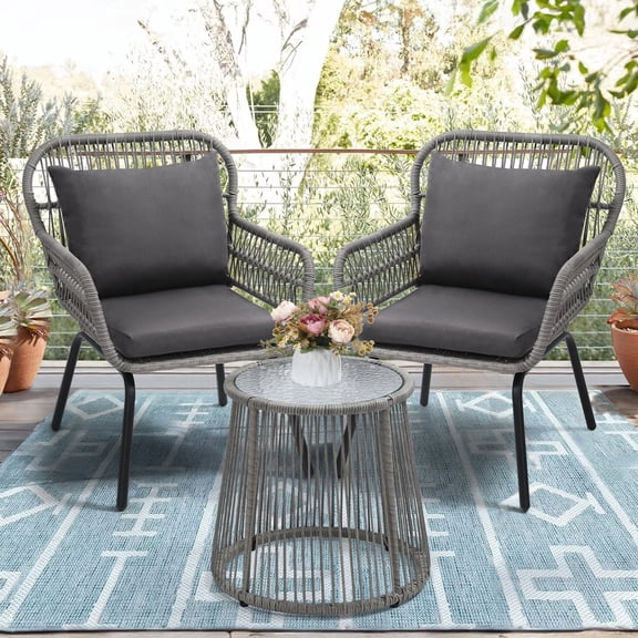 TUAREX 3 Piece Rattan Bistro Set, Outdoor Patio Furniture with Glass Top Table, Space-Saving Balcony, Backyard Conversation Set, Gray