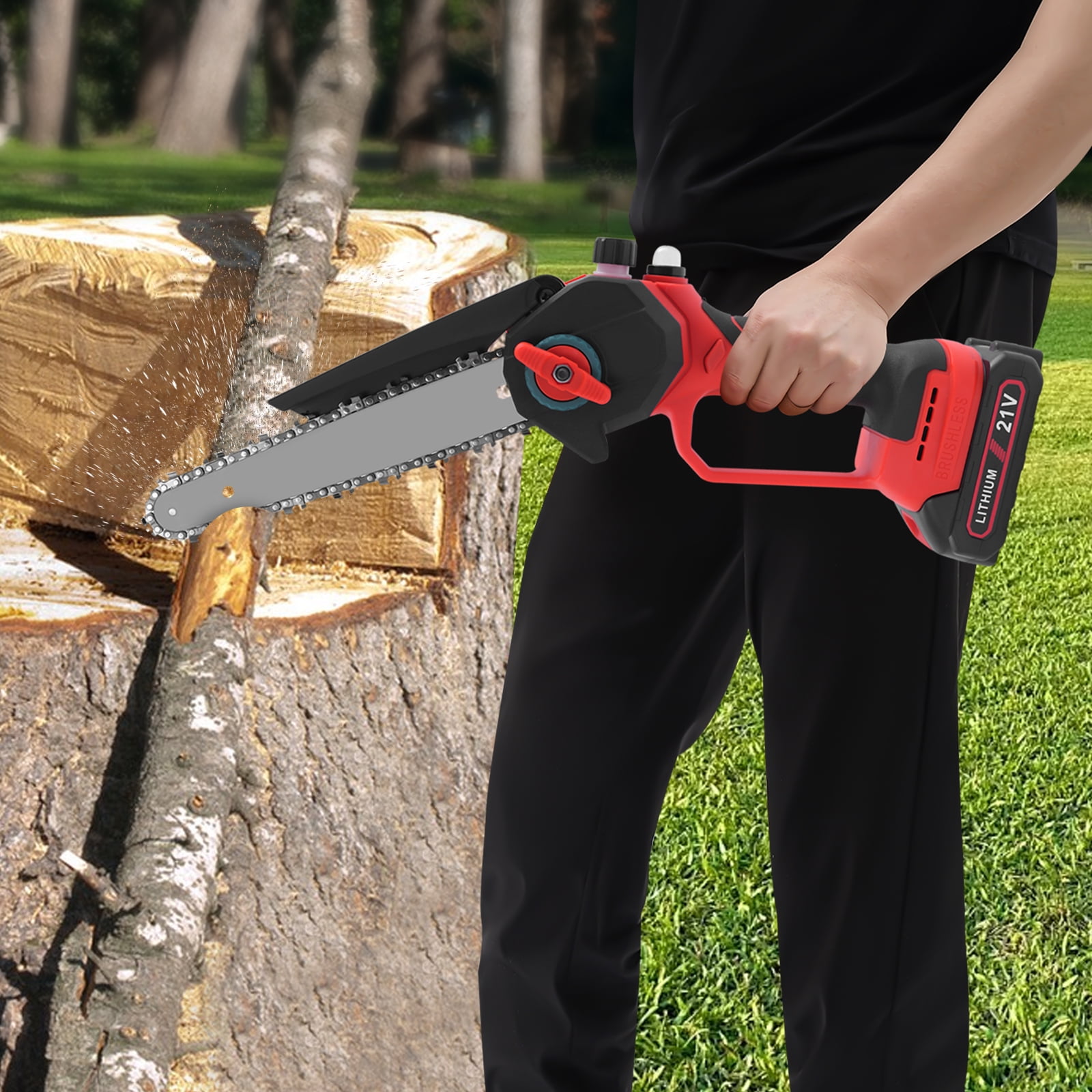 Black & Red 8" Cordless Electric Chainsaw - 1000W Brushless Motor, 4000RPM - Cuts 11.8" Logs - 2x21V Batteries - Ideal for Wood Cutting & Garden Pruning