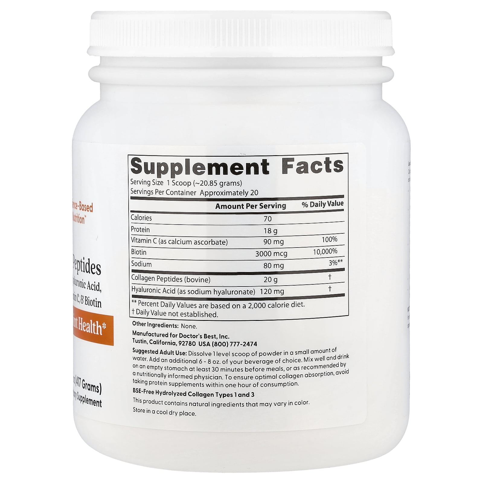 Doctor's Best Pure Collagen Peptides With Added Hyaluronic Acid, Vitamin C, & Biotin, 14.8 oz (417 g)
