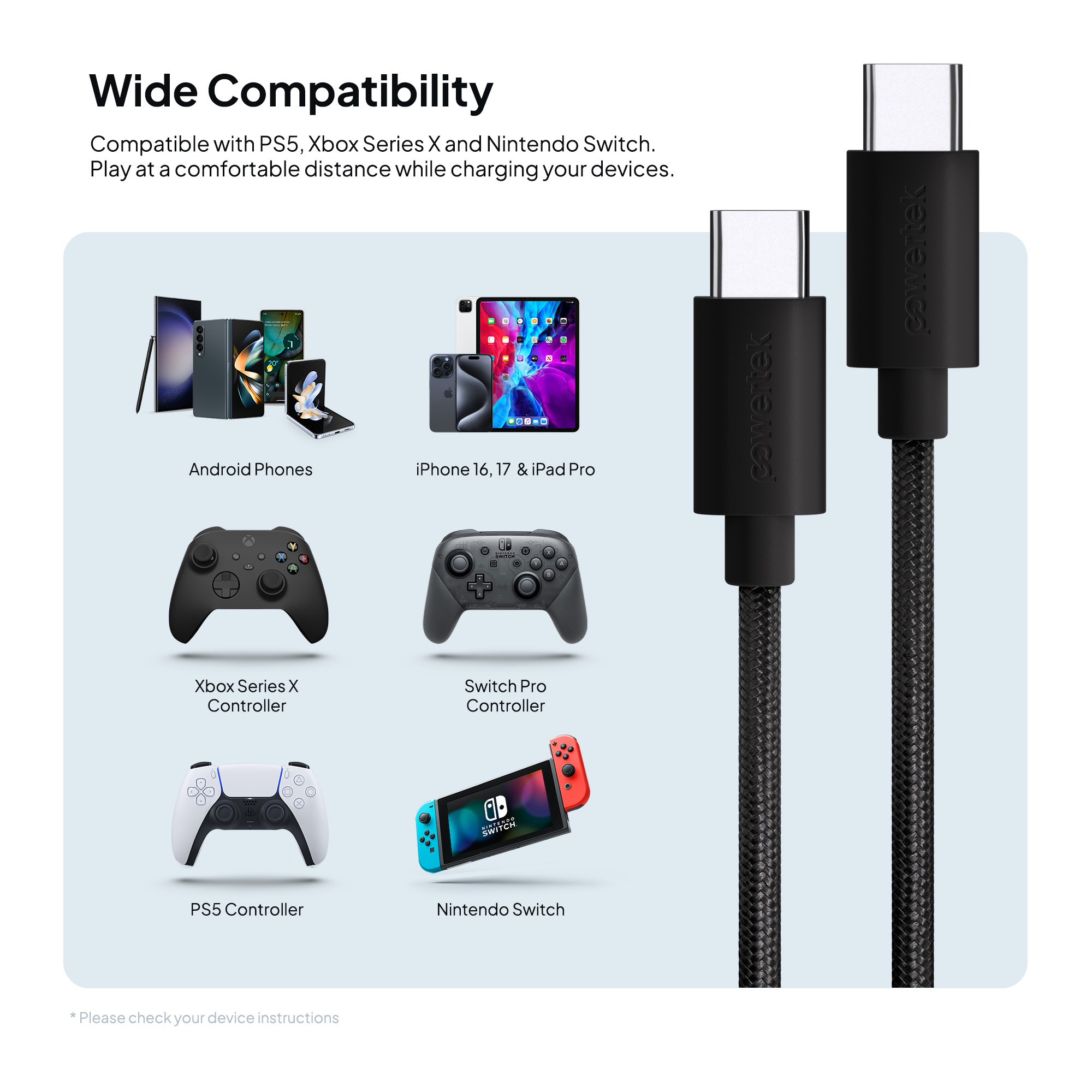 Powertek USB-C Cable 3-Pack, 60W Fast Charging, Black photo 4