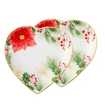 8 Inch Heart Shape Plate with Christmas Pattern, Ceramic Tray for Serving Appetizer, Cake, Candy and Holiday Dishes, for Holiday Table, Christmas Party or Festival Celebrations, Set of 2, Red Berries