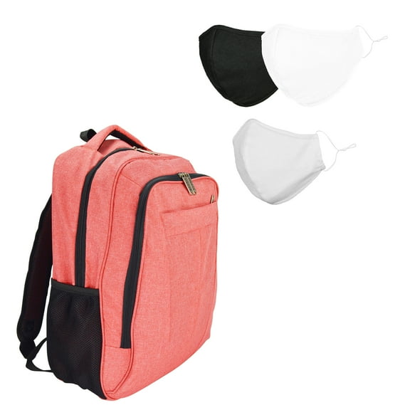DALIX Womens Back to School College Large Backpack in Salmon Pink 3 Pack Assorted Cotton Face Masks