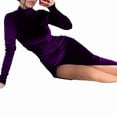 thumbnail image 3 of Women'S Long Sleeve Side Ruched High Slit Maxi Dress Mock Neck Velvet Bodycon Party Club Thigh Split Long Dress M, 3 of 7