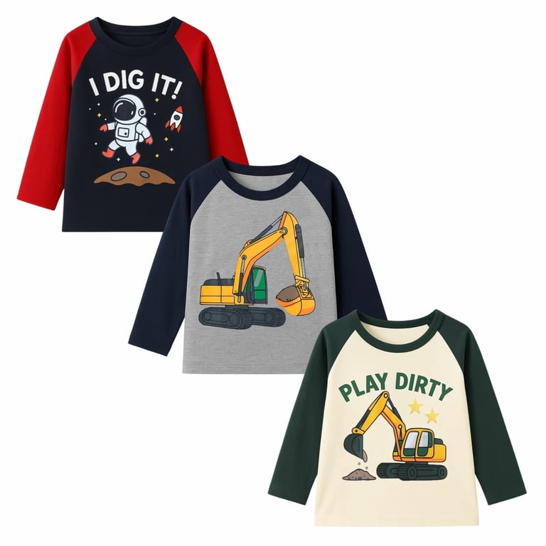 Hileelang Toddler Boys' 3-Pack Cotton Long Sleeve Graphic Tees photo 4