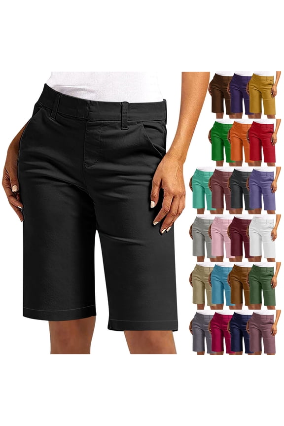 Women's and Womens Plus Women's Stretch Bermuda Shorts  Slim Fit Chino Shorts with Pockets, Mid-Rise Waist for Office, Business Casual, Summer Daily Wear & Weekend Outings S-2XL