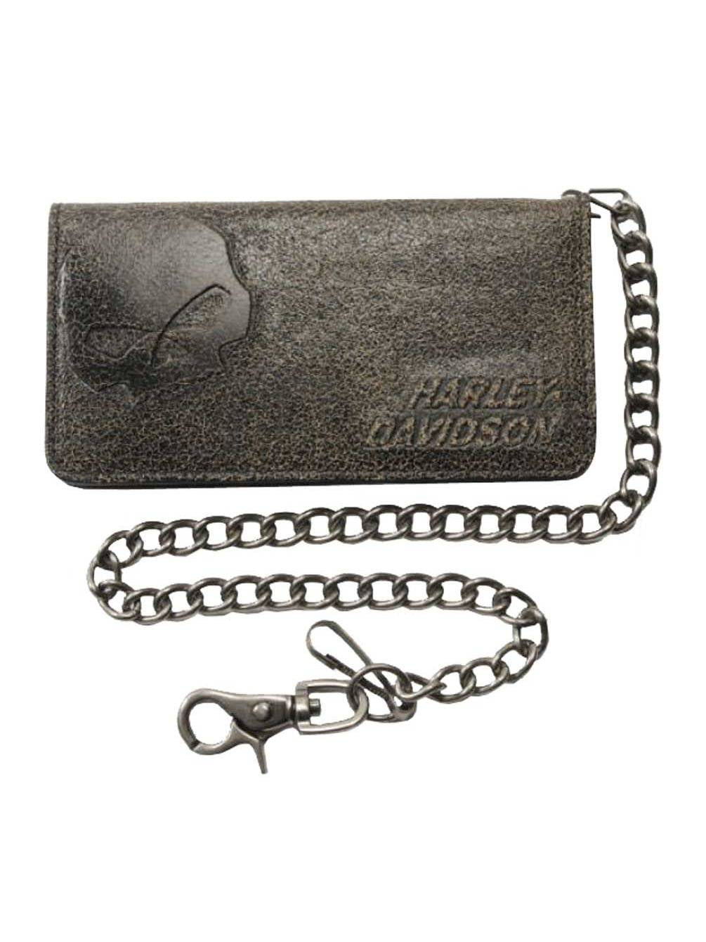 HarleyDavidson Men's Burnished BiFold Skull Biker Chain Wallet