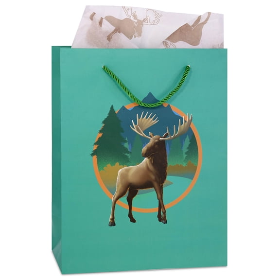 DolliBu Moose Large Gift Bags with Tissue Paper, 12 Pc Set - Moose Big Gift Wrap Bags with Handles and Moose Tissue Paper for Holiday, Birthday, Party Favor Gift Bags - 13 Inch, 12 Pack