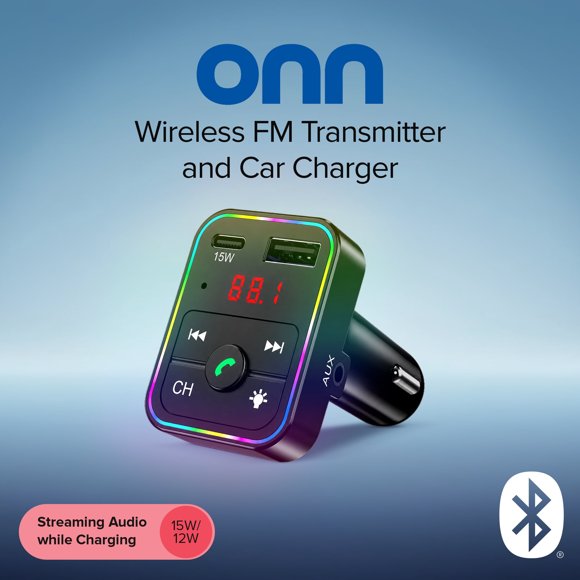 onn. Bluetooth FM Transmitter and Car Charger with USB-C 15W and USB-A 12W Charging, Hands-Free Calling, AUX Port, LED Display and Multicolor Light