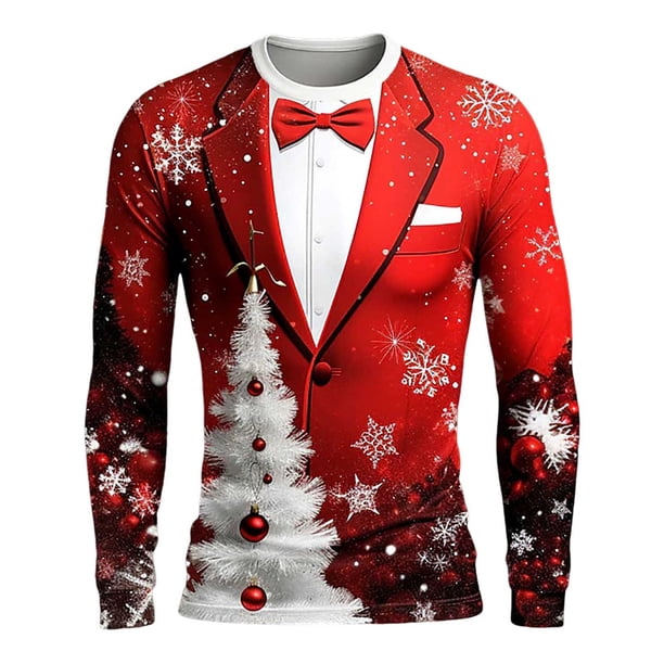 Playeras Para Gimnasio Para Hombre, Camiseta De Manga Larga Para Otoño E Invierno, Cuello Redondo, Estampado Completo, Ambiente Festivo, Celebración