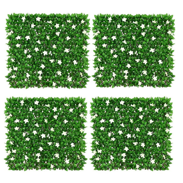 Gymax 4PCS Expandable Fence Privacy Screen Decorative Faux Ivy Panel w/ White Flowers