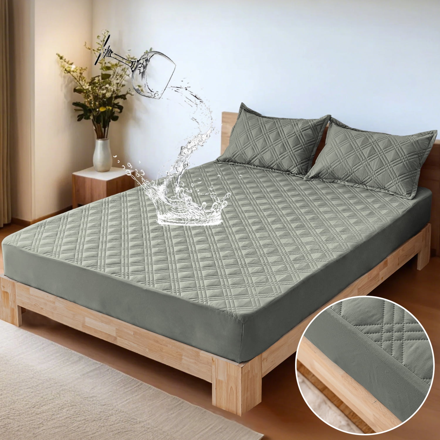 Waterproof Fitted Mattress Pad Cover Protector Queen Size Bed Quilted Mattress Cover Cotton Mattress Topper Dust Cover Soft Washable 12 Inch Deep Pocket Elastic Band（Blue）