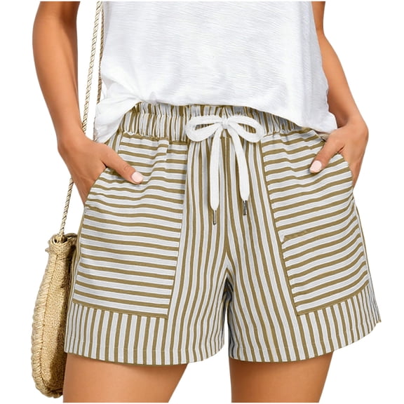 HADST Women's Khaki and White Striped Shorts with Drawstring Waist & Side Pockets Lightweight Loose Fit Summer Shorts for Beach