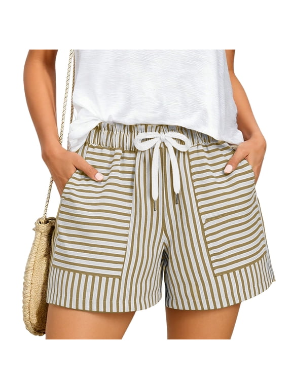 Womens Patchwork Striped Pull-On Casual Shorts With Elastic Waist And Patch Pockets For Coastal Market Strolls And Day Outings Khaki XL