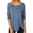 thumbnail image 1 of Women's Casual Loose Long Sleeve T-Shirts Round Neck Irregular Neckline Button Décor Spring Summer Fall Tops Solid Blouse, 1 of 1
