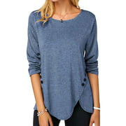 Women's Casual Loose Long Sleeve T-Shirts Round Neck Irregular Neckline Button Décor Spring Summer Fall Tops Solid Blouse