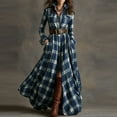 thumbnail image 2 of Plaid Maxi Dress for Women Long Dress Vintage V-Neck Long-Sleeve Pastoral Style Dress Navy 2XL, 2 of 4