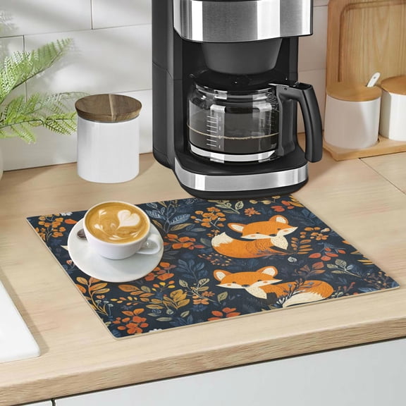 Qxltty Cute Fox Pattern Leather Drying Mat for Kitchen Countertops Coffee Mats Hide Stain Quickly Absorbs Water Tableware Decor