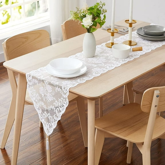 Warm Home Designs 14 x 36 White Lace Table Runner with Rose Design & 2 Attached Tassels. MTR White 36