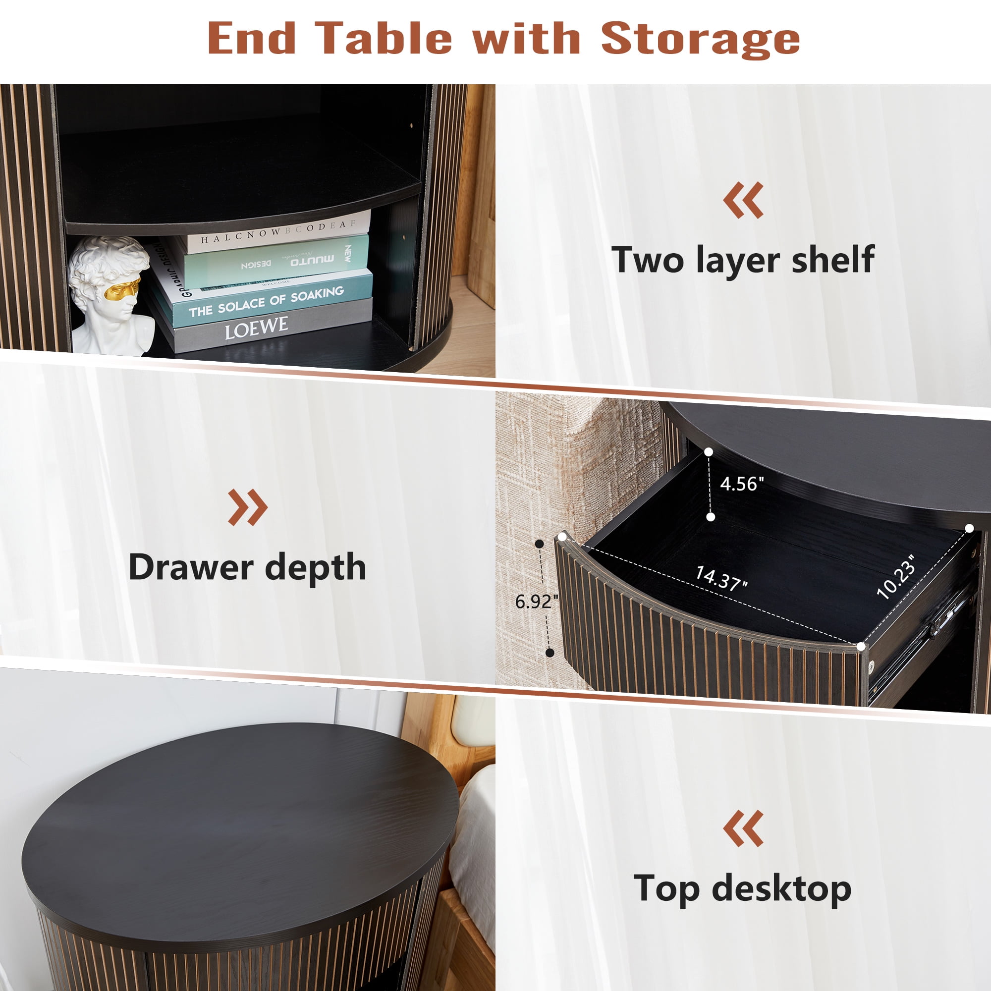YOCWO Oval Nightstand with 1 Drawer and Adjustable Shelf for Bedroom with Carved Line Design, Round End tables for Living Room, Black