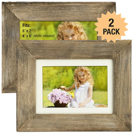 Rustic Barnwood  Picture Frame Set:  Fits 5x7 or 4x6 Photos with included Matte Photo Frames Holder for Wall Desktop or Tabletop Display. Thick Weathered Gray Wood Home Decor. (Pack of 2)