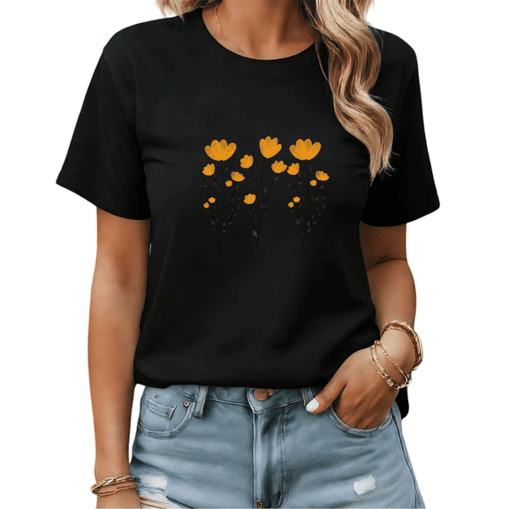 Black Print Tshirt Graphic Tees Shirts Minimalist Yellow Floral Bouquet Daily Casual Tops S-5XL Tops