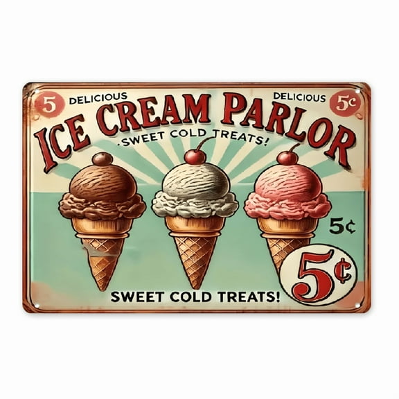 2D Flat, Vintage Ice Cream Parlor Metal Wall Sign - 8x12 Inch Retro Tin Sign with 3 Flavor Cones & Sweet Cold Treats Design, Durable 2D Flat Metal Art for Kitchen, Bedroom, Garage, Office Decor, Meta