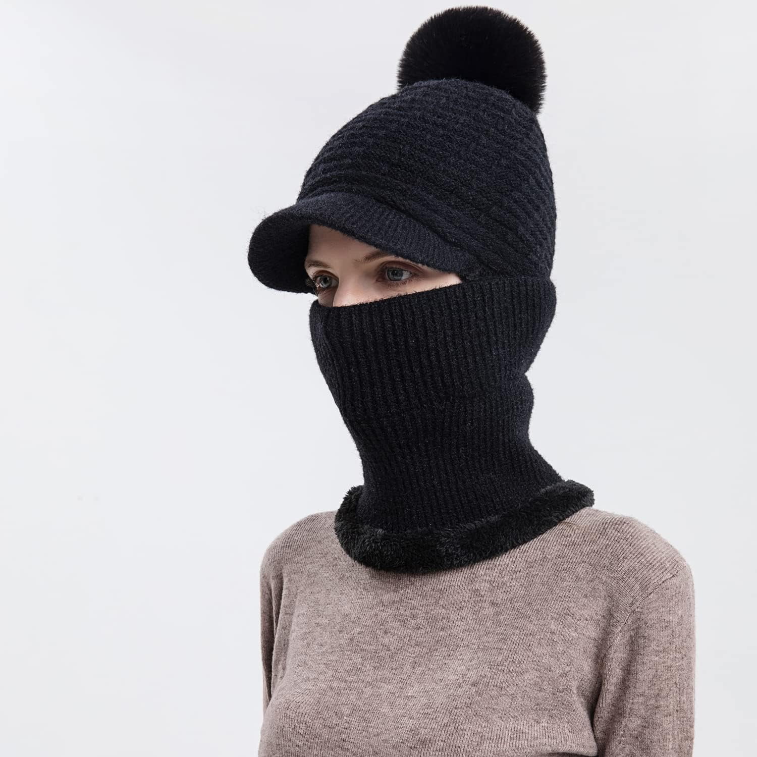 Zhengup Women Balaclava Visor One-Piece Skull Beanie Hat Neck Circle Scarf Ski Snow Winter Knit Fleece Cap Cold Weather