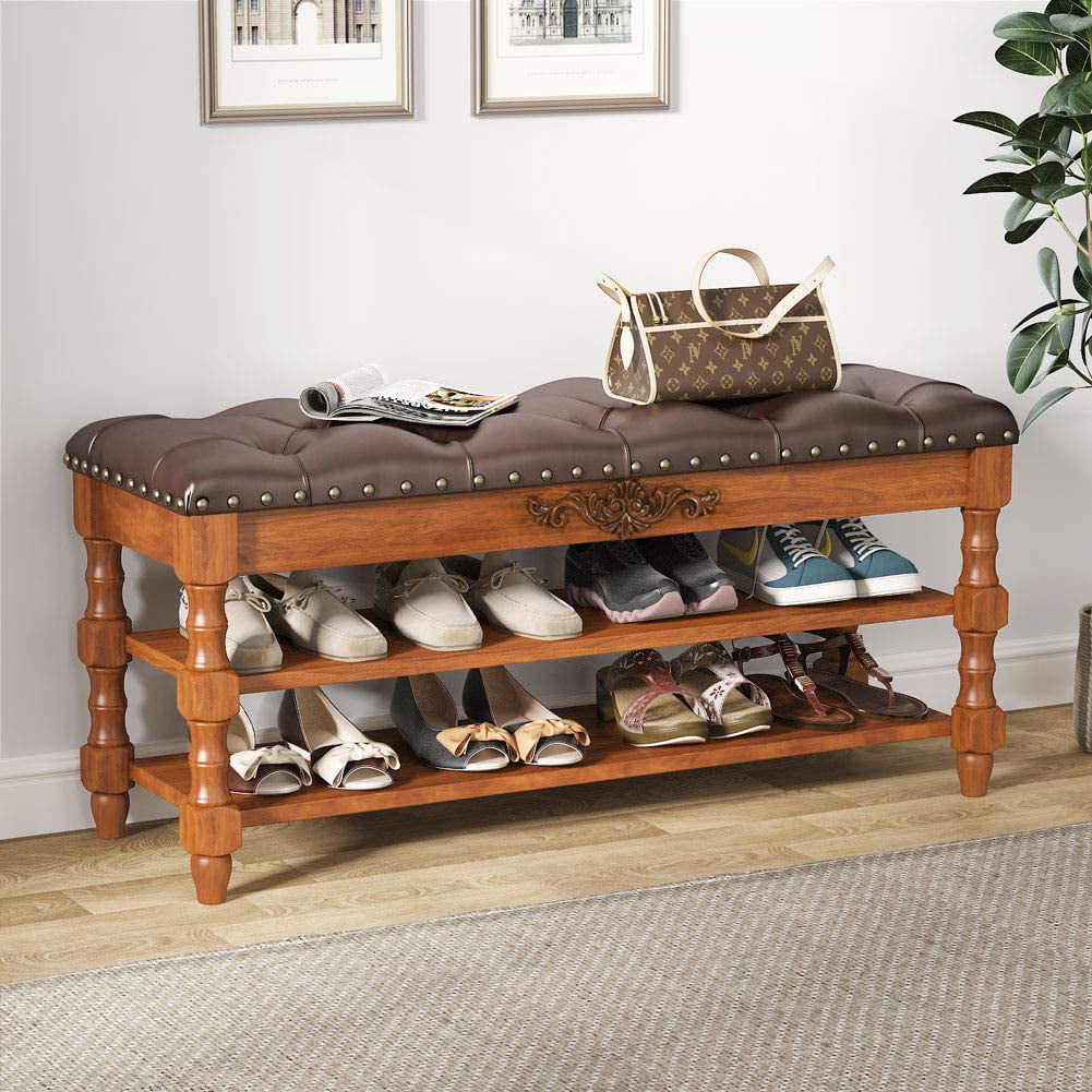Entry Way Bench Seat Shoe Rack Storage Shelf Cherry Finish Solid Wood Entryway