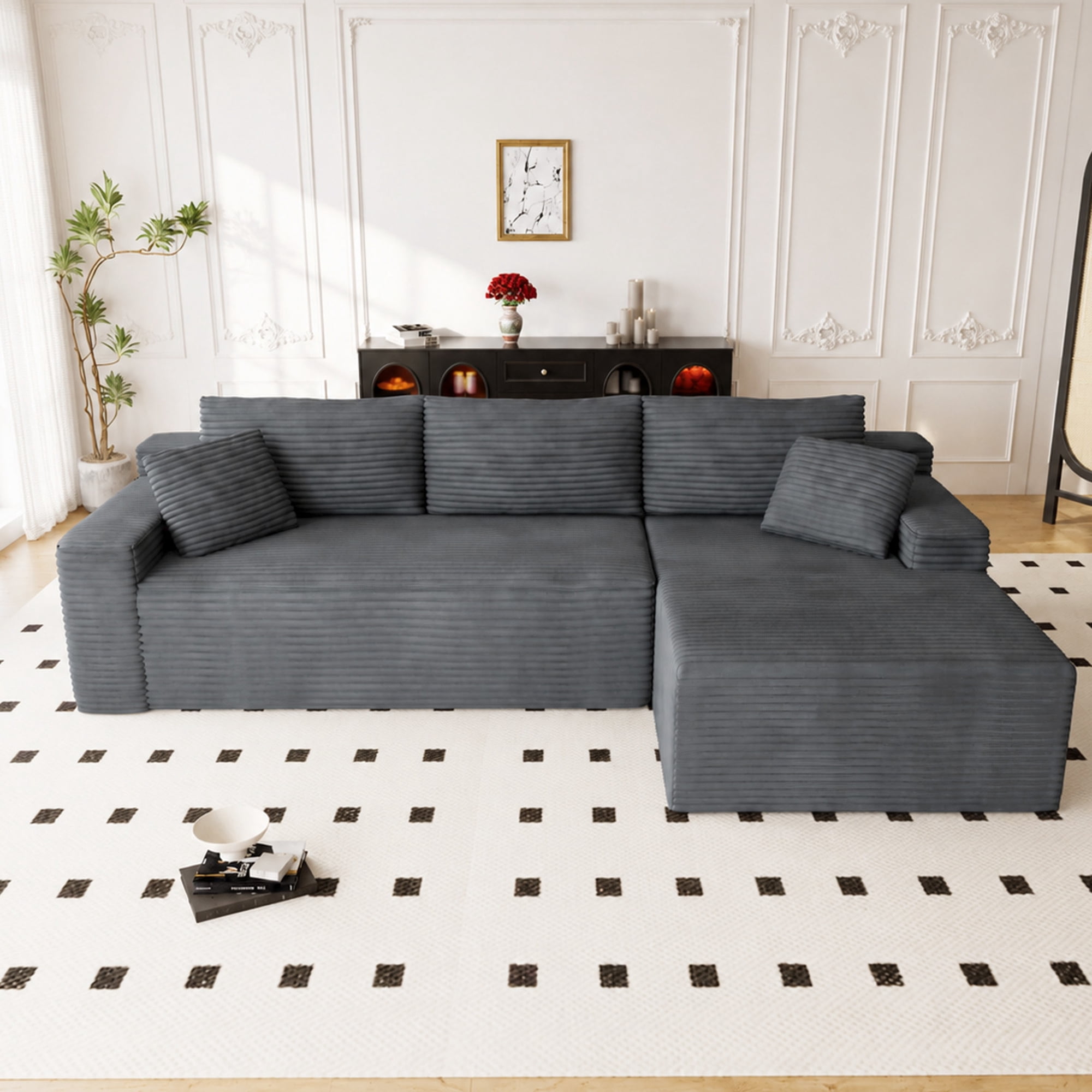 Lunale 105" Modular L-Shaped Sectional Sofa, Boneless Cloud Couch, No Assembly Required, Modern Deep Seat Corduroy Sofa for Living Room, Dark Gray (Right Facing Chaise)