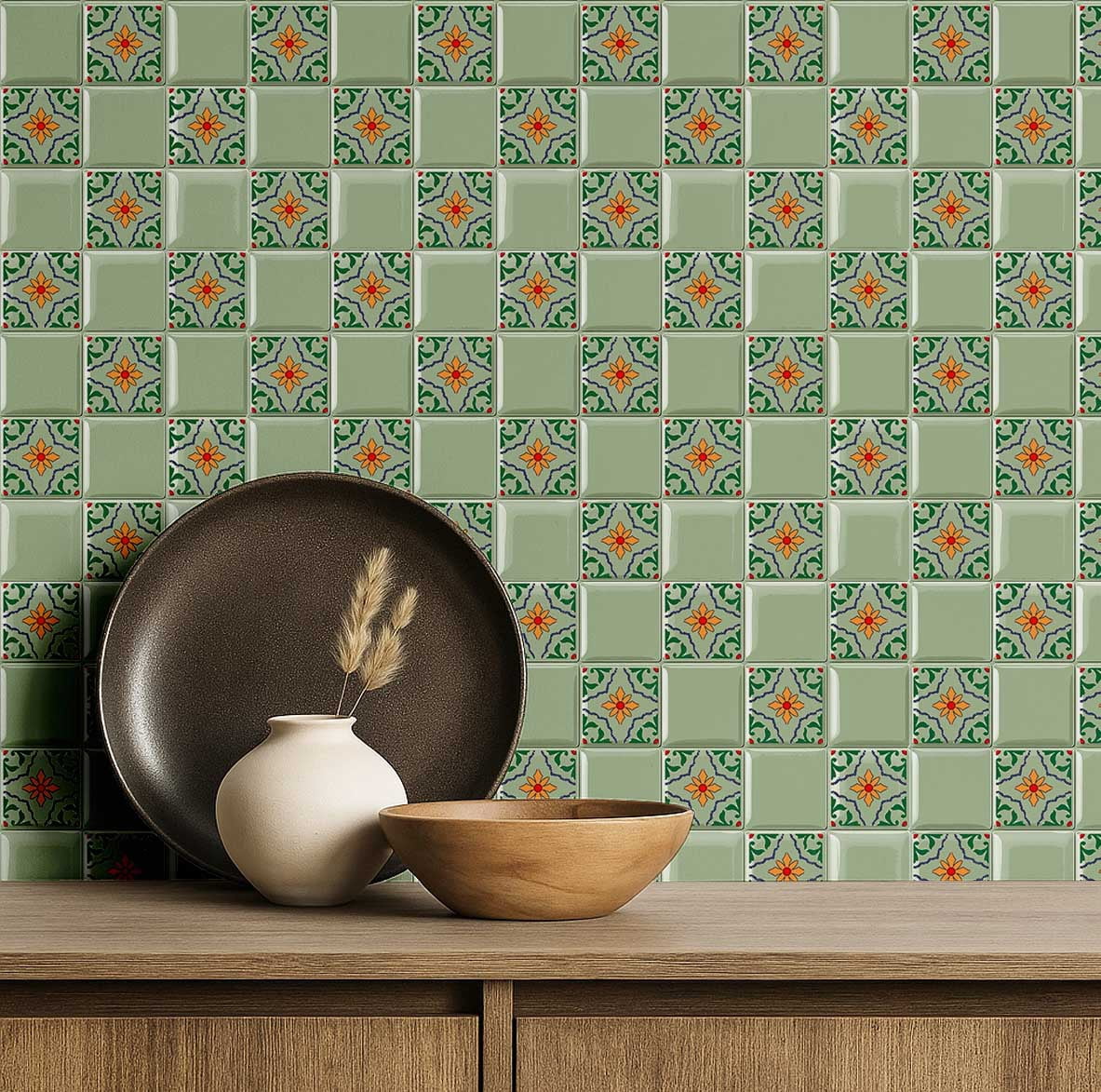 S4Sassy Mosaic Tile Wallpaper - Green Wall Covering, 25" X 120" Self-Adhesive Plain Vinyl Wall Paper, Walls Wrap, Botanical Removable Wallpaper For Bedroom, Nursery, Study