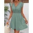 thumbnail image 5 of Green Eyelet Lace V-Neck Short Sleeve A-Line Mini Dress, 5 of 6