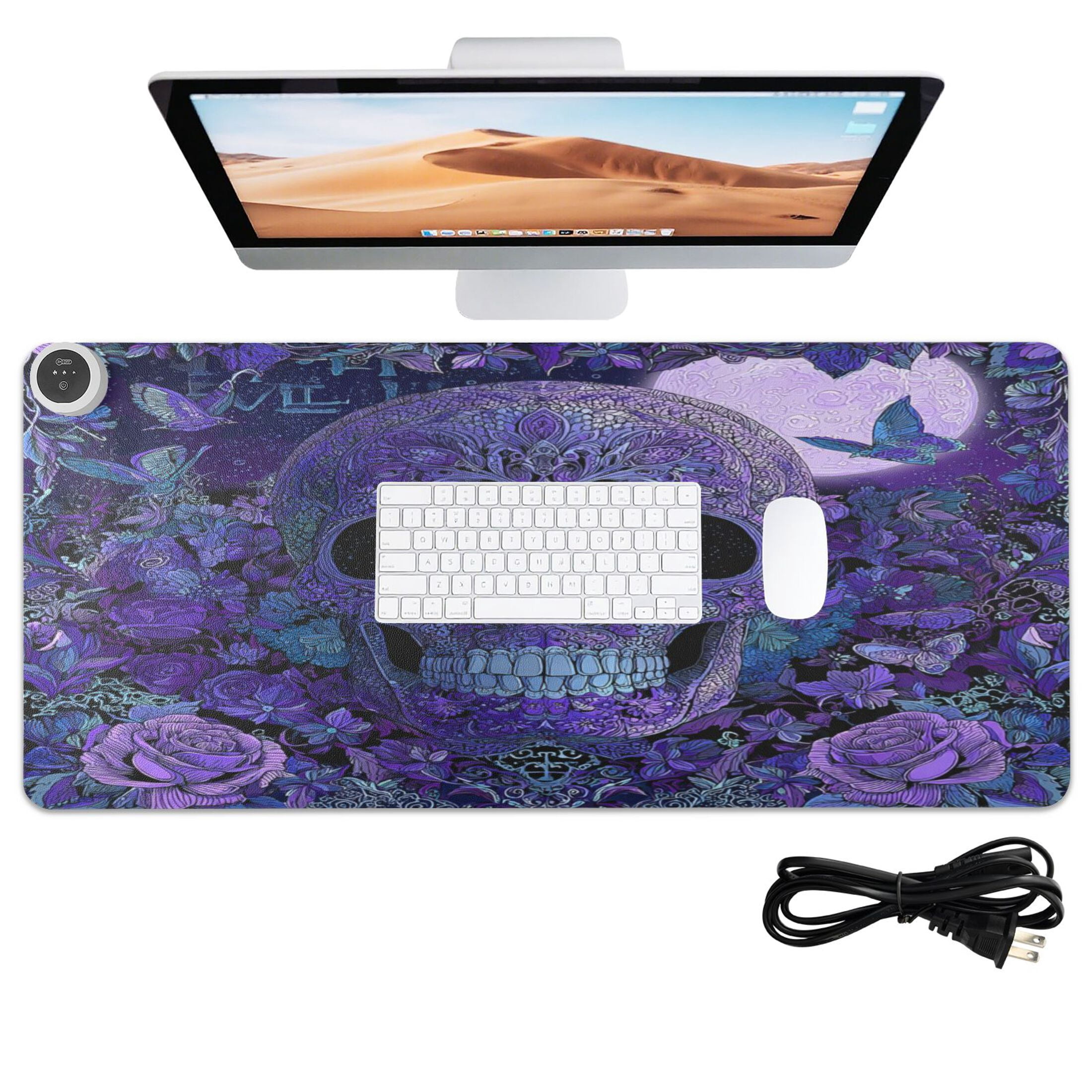 Large Heated Desk Mat Mouse Pad 31.5"x13"PU Leather Graphene Heating Desk Warmer with 3 Temperature Settings 110V US Plug Non-Slip Warm Pad for Home, Office, and Gaming Midnight Skull Butterfly Bloom