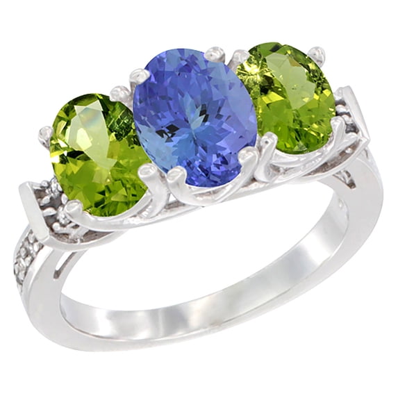 10K White Gold Natural Tanzanite & Peridot Sides Ring 3-Stone Oval Diamond Accent, size 10