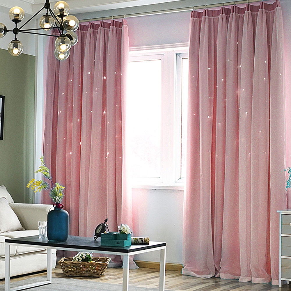 JTWEB 2PCS Blackout Curtains Grommets Princess Star Hollowed Window Curtains for Girls Kids Room Living Room, Bedroom, Window Decor Light Blocking Voile Pink 39“*63“