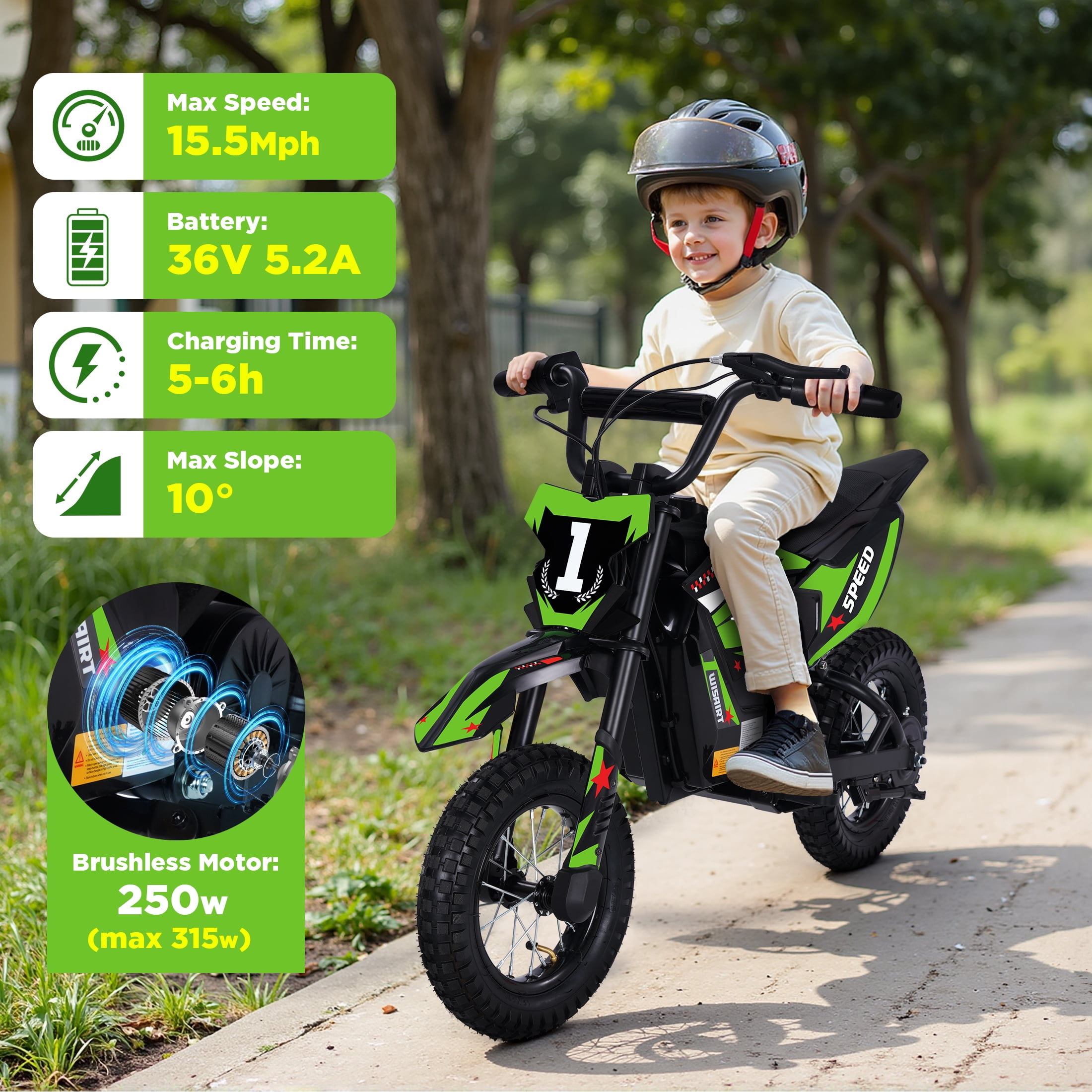 Hijoke 36V Kids Electric Dirt Bike, 15.5 MPH High-Speed Electric Motorcycle Ride on Toy for Kids Aged 3-10, 133 LBS Max Load, 10-Mile Range, Waterproof Seat, Twist Grip Throttle, Green