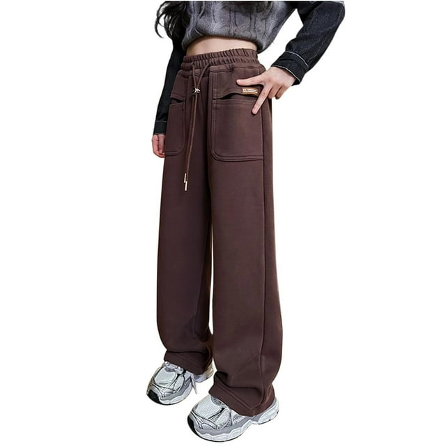 hoksml Pantalon de Survêtement Uni pour Filles, Décontracté, Coupe Relax, Poches, Jambe Droite, avec Taille Ajustable à Cordon
