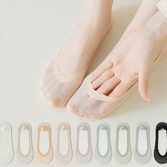 Non-Slip Ice Silk Cotton Bottom No-Show Lace Socks for High Heels Summer Thin For Women's (One Size,6 Pair)