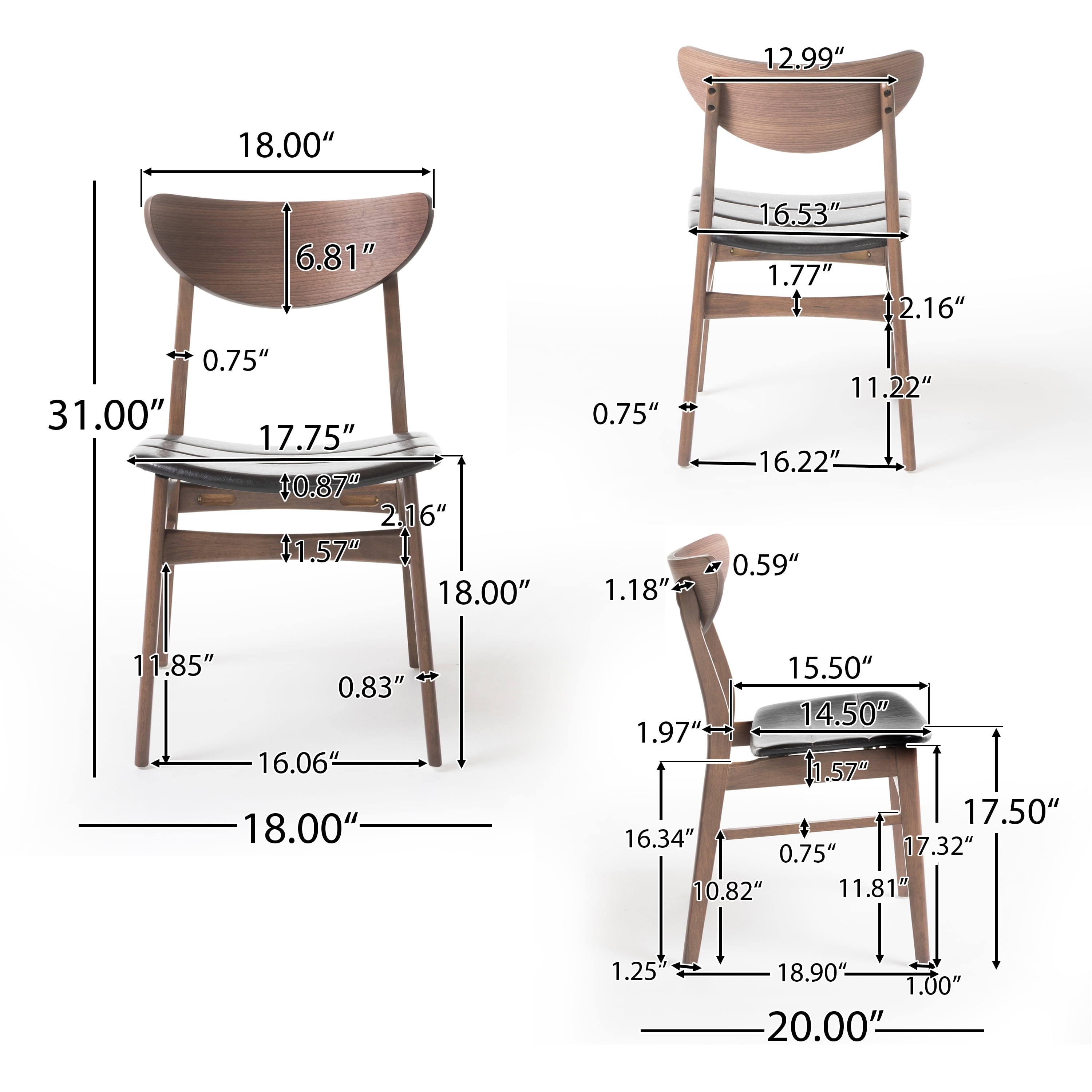 Noble House Ava Mid Century Modern Bonded Leather Dining Chairs, Set of 2, Dark Brown